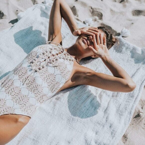 Tularosa Walker Crochet One-Piece Neutral Wavy Stripe Pom Pom Swimsuit Medium - Picture 2 of 10